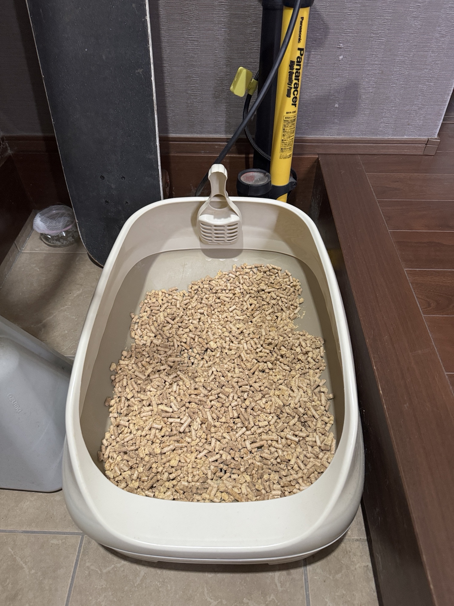 玄関に置いたニャンとも清潔トイレのオープンタイプに木製ペレットを入れて使っている様子